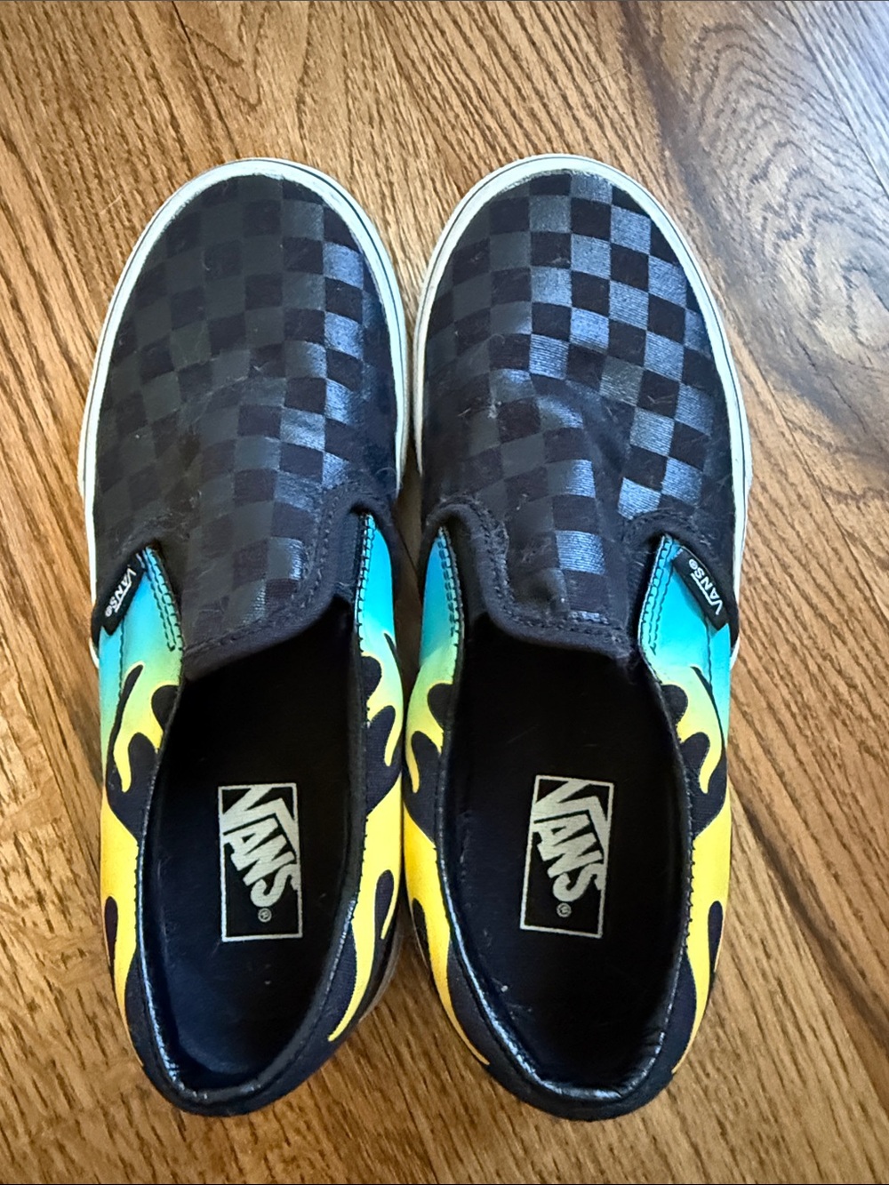 Vans Kids Checkerboard Slip-On with Yellow and Teal Flame Sides